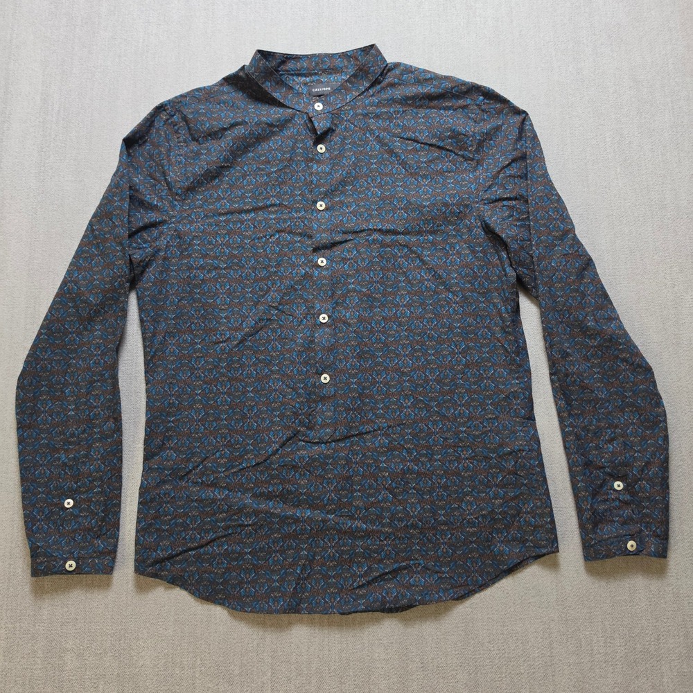 Calliope Button Down Shirt Mens L Blue Brown Geometric Band Collar Cotton